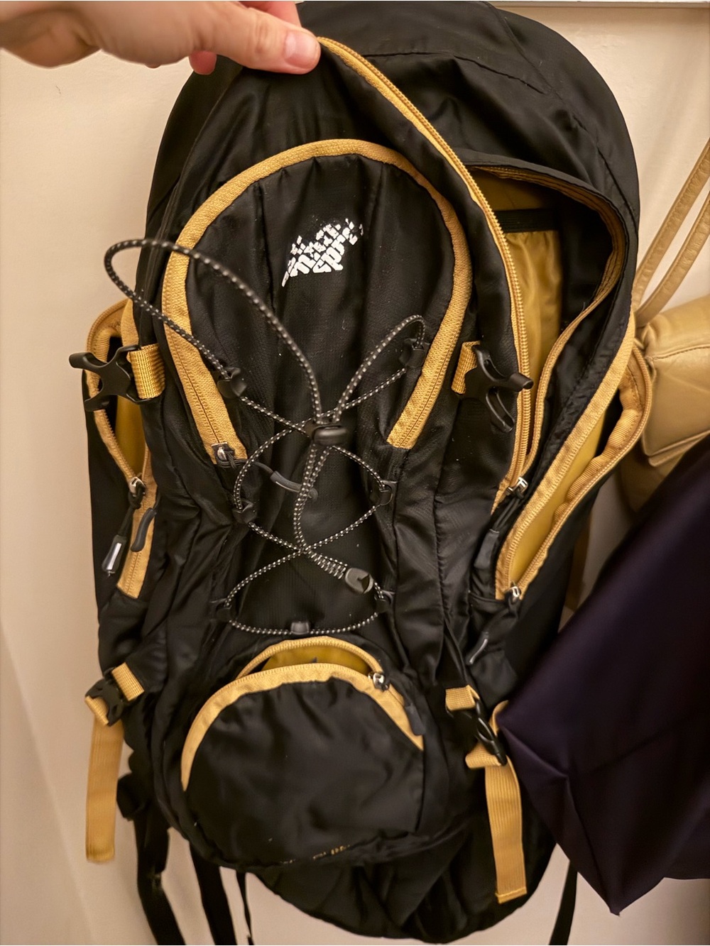 Black and Tan Adventure Backpack with Front Bungee and Multiple Compartments
